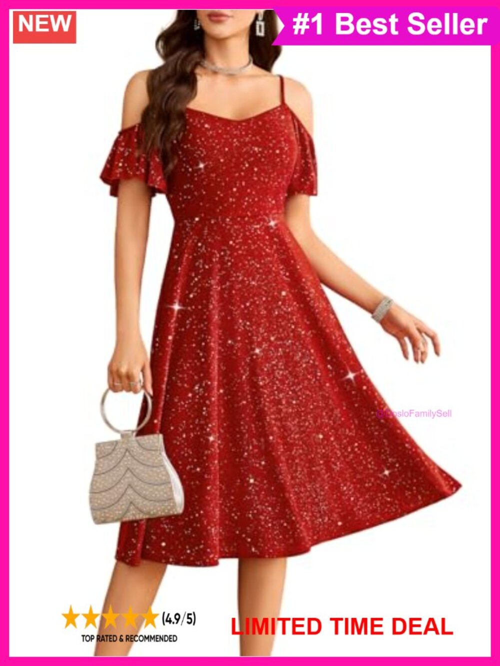 Sequin Off-Shoulder V-Neck A-Line Midi Dress Fit & Flare Formal
